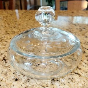 Vintage Glass Bowl with Lid Etched Floral